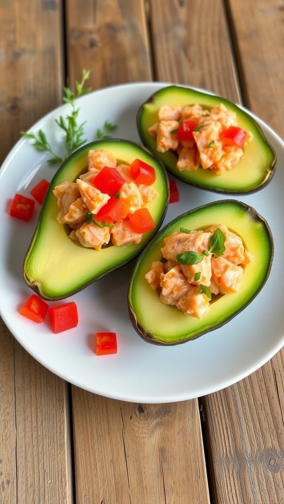 Stuffed avocado halves with salmon filling garnished with herbs and tomatoes on a wooden table.